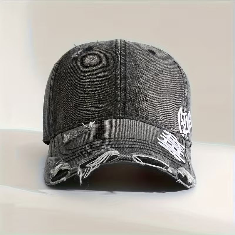 Vintage Distressed Denim Baseball Cap – “Never Give Up!